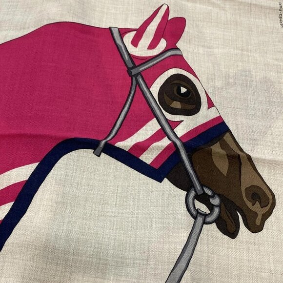 Auth HERMES Rectangle - Natural Fuchsia Vert Cashmere Silk Scarf - Picture 6 of 7